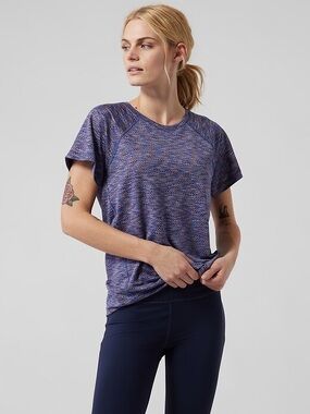 Athleta Train Mesh Navy and Purple Space-Dye Short Sleeve Workout Top